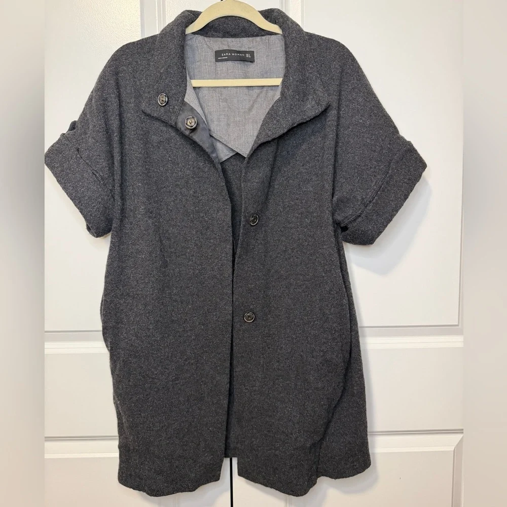 Zara Woman Gray Wool Blend Short Sleeve Cocoon Coat Jacket Funnel Neck M